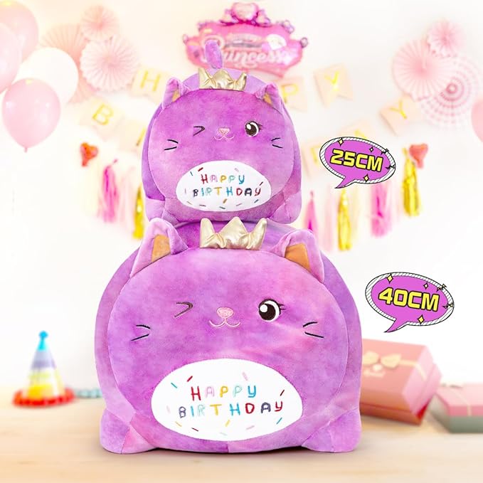 Birthday Cat Plush Pillow, Soft Purple Cat Stuffed Animal Toy (15.7inch)