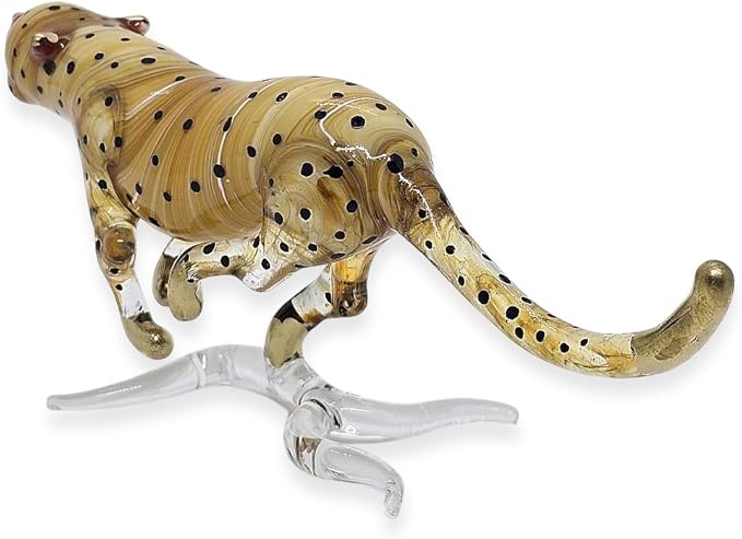 WitnyStore Tiny 6" Brown Running Cheetah Leopard Jaguar - Miniature Hand Blown Painted Glass Panthera Feline Wild Cats Small Crystal Wildlife Animal Decorative Figure Collectible Figurines Décor Gifts