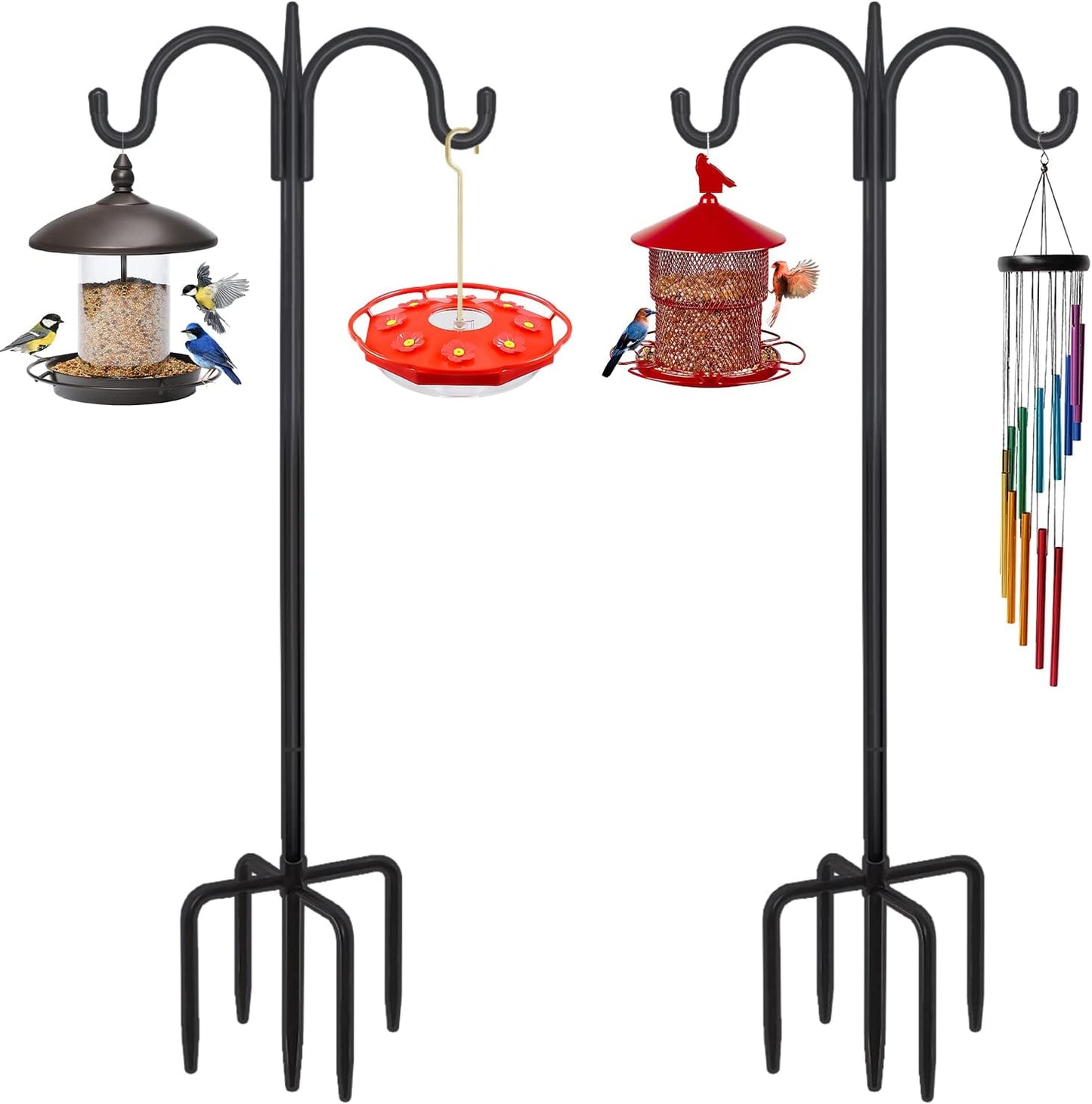 FEED GARDEN Adjustable Double Shepherds Hook for Outdoor with 5 Prong Base 92 Inch Heavy Duty Two Sided Bird Feeder Pole for Hanging Plant Baskets, Solar Light Lanterns, Wind Chimes 2 Pack