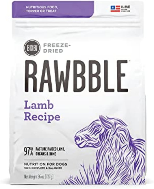 BIXBI Rawbble Freeze Dried Dog Food, Lamb Recipe, 26 oz - 97% Meat and Organs, No Fillers - Pantry-Friendly Raw Dog Food for Meal, Treat or Food Topper - USA Made in Small Batches
