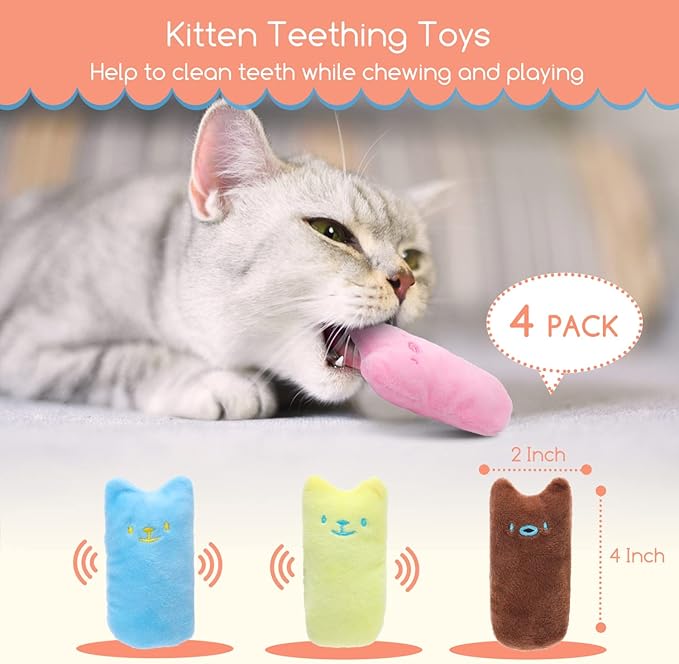 Nobleza Kitten Toys for Indoor Cats, 4 Pack Catnip Cat Teething Chew Toys with Crinkle Paper, Soft Plush Interactive Toy Funny Cute Birthday Gift for Kitty Kicking & Playing, Brown/Blue/Pink/Yellow