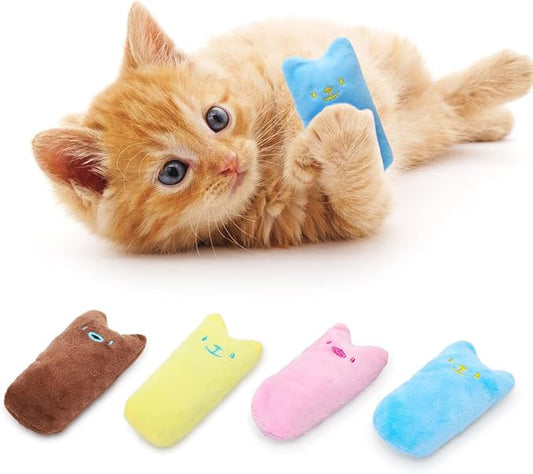 Nobleza Kitten Toys for Indoor Cats, 4 Pack Catnip Cat Teething Chew Toys with Crinkle Paper, Soft Plush Interactive Toy Funny Cute Birthday Gift for Kitty Kicking & Playing, Brown/Blue/Pink/Yellow