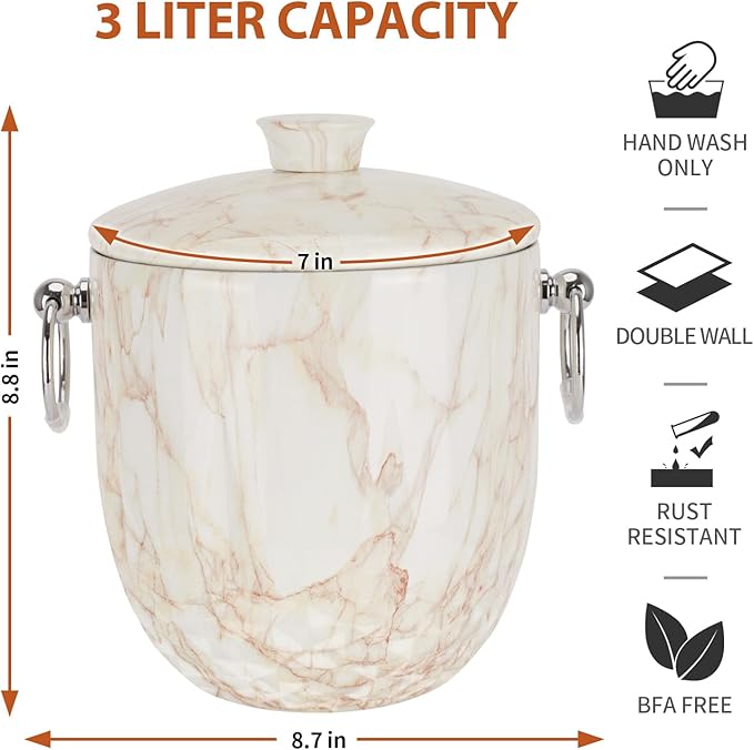 Ice Bucket with Lid, 3L Diamond Bottom Design Double Wall Stainless Steel Insulated Ice Bucket, Champagne Bucket, Wine Bucket for parties, cocktail bar, Marble