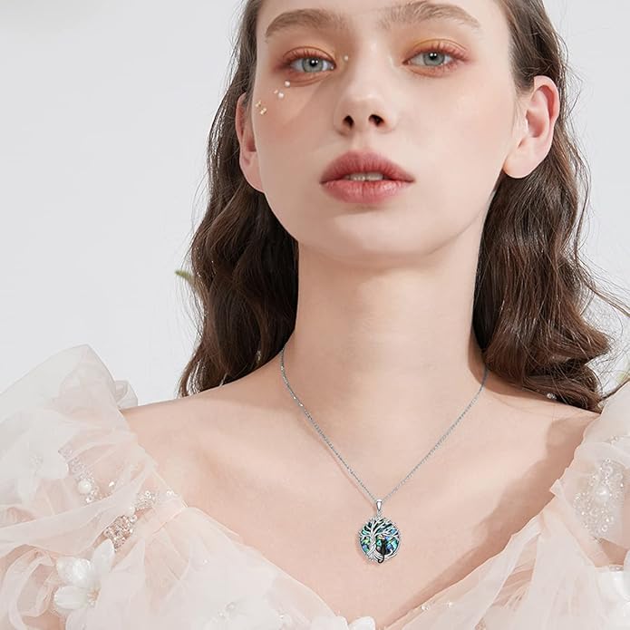 TOUPOP Cat Gifts for Cat Lovers Sterling Silver Cute Cat Tree of Life Pendant Necklace with Blue Circle Crystal Birthday Christmas Jewelry Gifts for Women