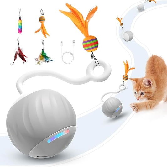 Interactive Cat Toys Ball - Electric Automatic Toys for Indoor Cats, LED Lights and Toys Feather Tail with Sound Activated and Touch, USB Rechargeable, 2peeds Mode for Bored Kittens/Adult Cats