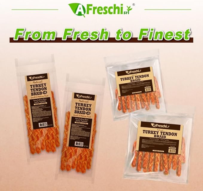 AFreschi Turkey Tendons for Dogs, USA-Sourced, Healthy Dog Treats, Rawhide-Free Puppy Chews, Long Lasting, All Natural, Hypoallergenic Dog Treats for Medium Breeds, 8 oz Pack Braid (M)