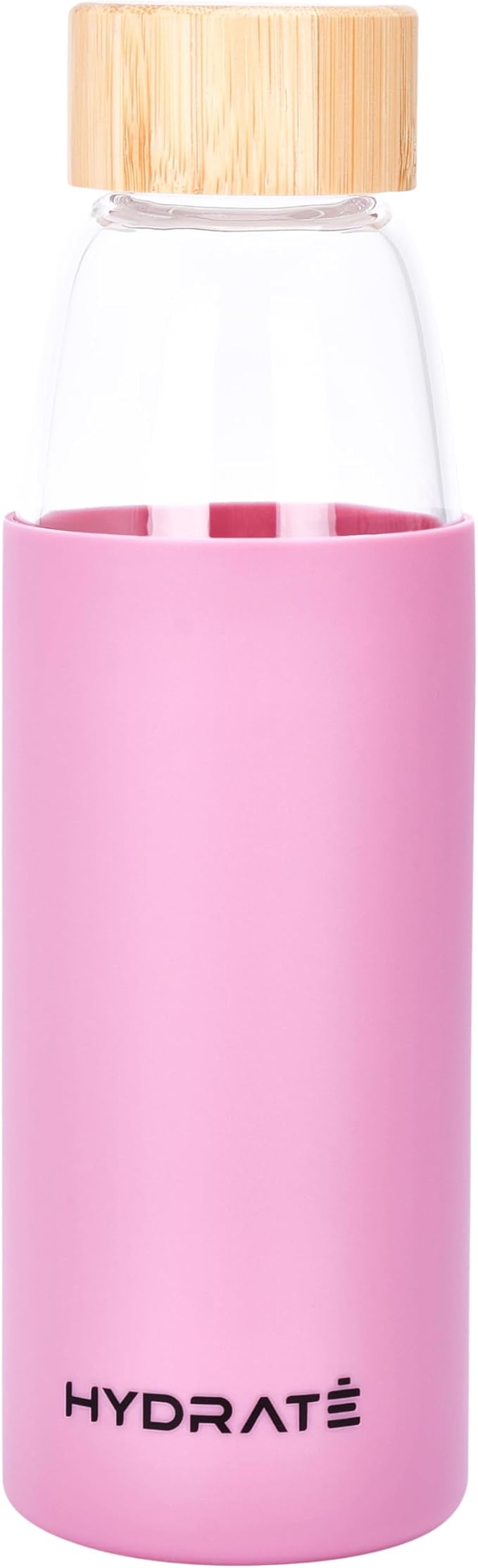 HYDRATE Bottles 20oz Glass Water Bottle with Bamboo Lid - Clear Refillable Bottle with Pink Silicone Sleeve - Leak-Proof Lid - Classic Design for Extra Convenience - Ideal for Drinking Water, Juice
