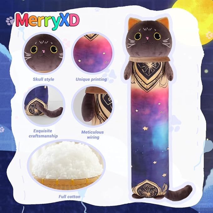 MerryXD Kawaii Long Cat Plush Body Pillow, 36”Soft Cute Black Stuffed Animals Plushies, Kids Big Doll Toys, Ideal Gifts for Cuddles,Girls,Girlfriend,Boys,Birthday,Christmas,Halloween,Valentine's Day