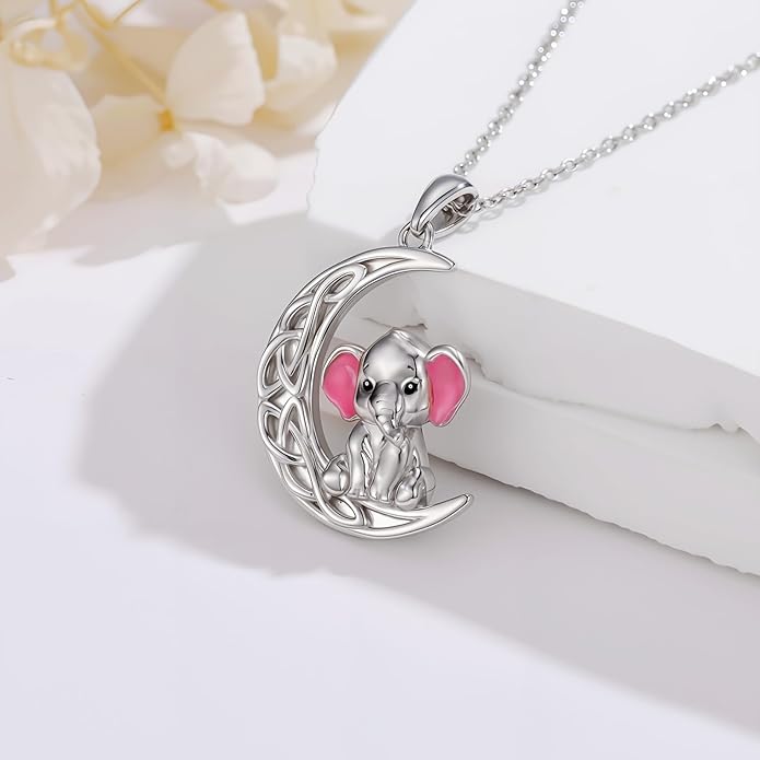 925 Sterling Silver Cat/Fox/Panda/Elephant/Highland Cow Necklace Crescent Moon Pendant Cute Animal Jewelry Gift for Women