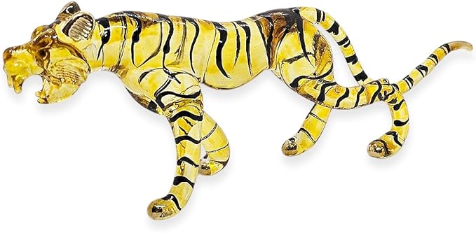 WitnyStore Tiny 8" Long Yellow Black Walking Tiger Roaring Figurine - Miniature Hand Blown Painted Glass Panthera Wild Cat Small Crystal Wildlife Animals Decorative Collectible Figurines Décor Gifts