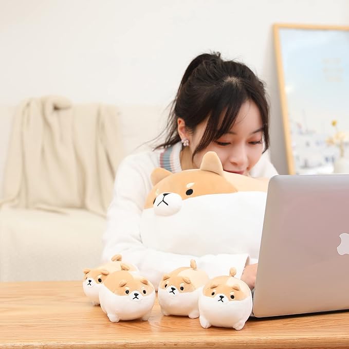 SQEQE Stuffed Animal Shiba Inu Plush Toy with 4 Baby Shiba Inu Plushies in her Tummy, Stuffed Cotton Plush Animal Toy Gift for Kids