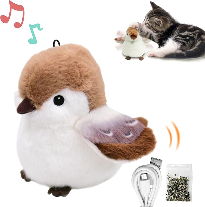 Cat Toys, Flapping Wings Cute Sparrow, No Flying, Chirping Bird Interactive Catnip Toy for Kitten or Small Dogs, Touch Activated, Rechargable