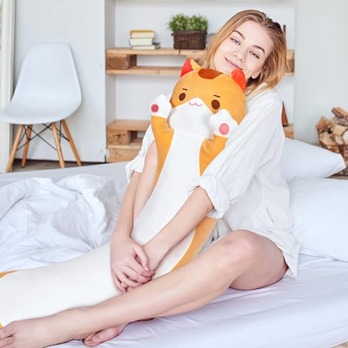 Artist-Designed Ultra Soft Long Cat Plush Body Pillow, Extra Stuffing for Comfort, Premium Quality Stuffed Animal Gift for Girlfriend or Cat Lovers (Brown Cat Body Pillow 28 Inch)
