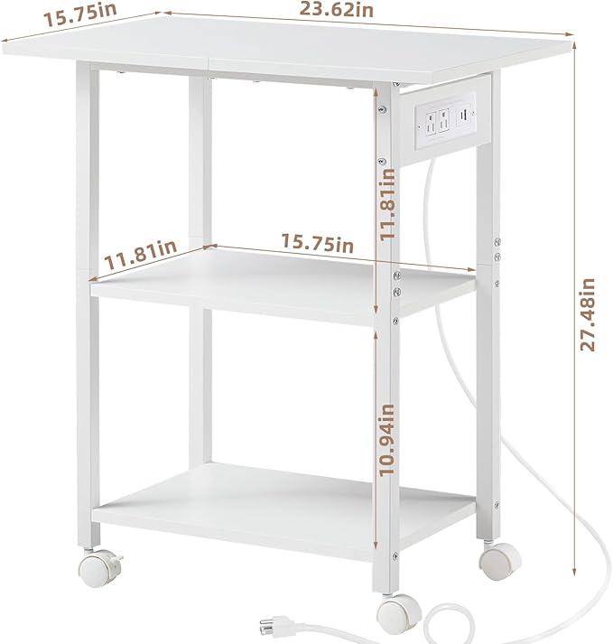 Lerliuo 3-Tier Printer Stand with Charging Station, Industrial Mobile Printer Table with Storage Shelf and Steel Frame, Rolling Printer Cart Holder with Lockable Wheels for Home, Office (White)