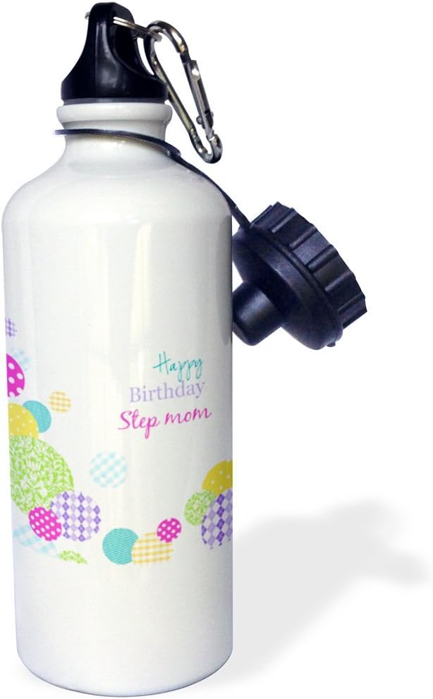 3dRose Happy Birthday Step Mom Mother Modern Colorful Dots Pattern On White Sports Water Bottle, 21Oz, Multicolored
