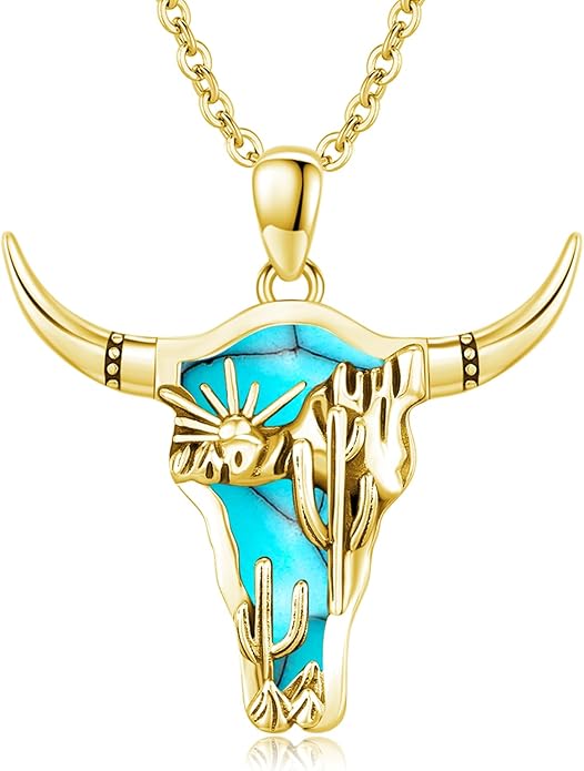 Midir&Etain Western Necklace 925 Sterling Silver Turquoise Pendant Cow Skull/Hat/Tag/Cactus Cowgirl Country Jewelry for Women Men