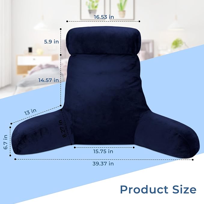 COOLBEBE Reading Pillow for Bed Backrest Pillow for Bed Sitting Up Adult with Arms Navy Back Support Pillow with Headrest & Pockets, Removable Washable Cover and Detachable Neck Roll(Extra Large 27")