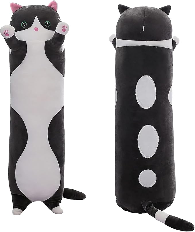 Cute Long Plush Cat Pillow,Soft Plushie Stuffed Animal Toy,Gift for Kids Girlfriend (Black, 43.3inch/110cm)
