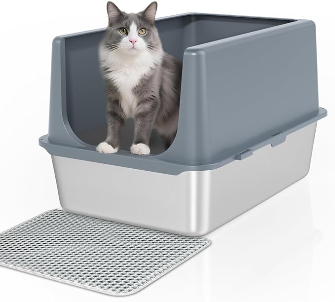 LIHONG Stainless Steel Cat Litter Box, XL Metal with Lid, Cat Litter Pan for Large Cats, Non-Sticky Large Kitty Litter Box, Anti-Leakage, 23.5" X 15.5" X 14" XXL