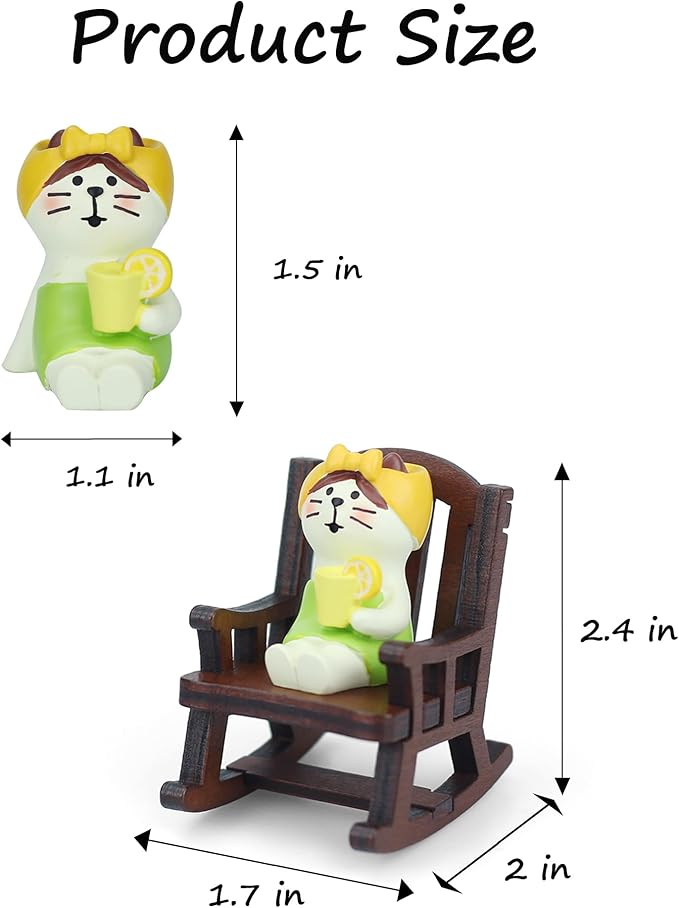 Cute Mini Cat Figurine with Rocking Chair - Resin Collectible Desk Decor, 1.5" Tiny Cat Statue for Home & Office - Gift for Cat Lovers