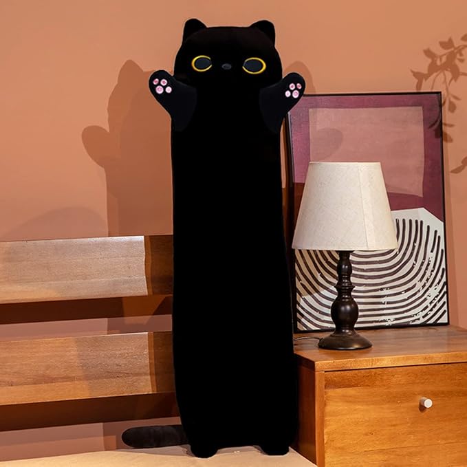 Long Black Cat Plush Body Pillow, 19.68'' Kawaii Kitten Sleeping Pillow, Soft Stuffed Animal Sofa Toy Gift for Kids Girlfriend