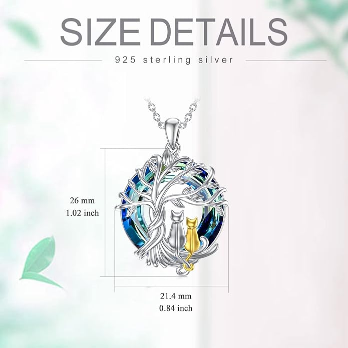TOUPOP Cat Gifts for Cat Lovers Sterling Silver Cute Cat Tree of Life Pendant Necklace with Blue Circle Crystal Birthday Christmas Jewelry Gifts for Women