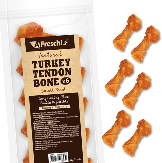 AFreschi Turkey Tendons for Dogs, USA-Sourced, Healthy Dog Treats, Rawhide-Free Puppy Chews, Long Lasting, All Natural, Hypoallergenic Dog Treats for Small Breeds, 6 Count Pack Bone (S)