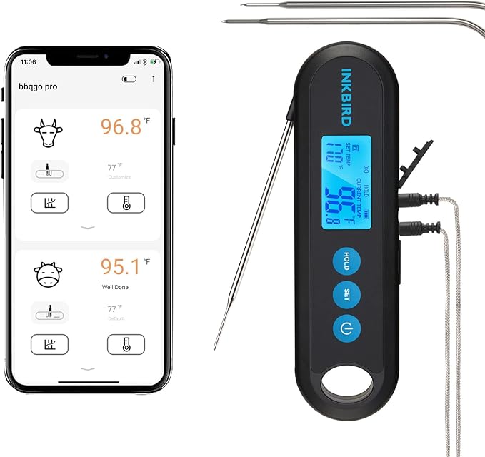 INKBIRD Instant Read Meat Thermometer Digital for Cooking with Dual Probes, 328FT Waterproof Bluetooth BBQ Meat Thermometer, Rechargeable Grill Thermometer with Temperature Alarms, Graph, Calibration
