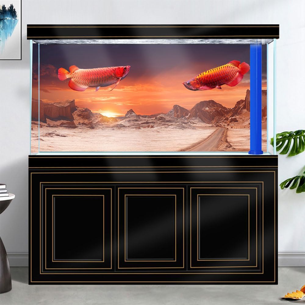 48X18IN Sun and Desert Moon Themed Reptile Habitat on Orange Durable Decorative Background, Terrarium Background with 10EVA Double-Sided Tape