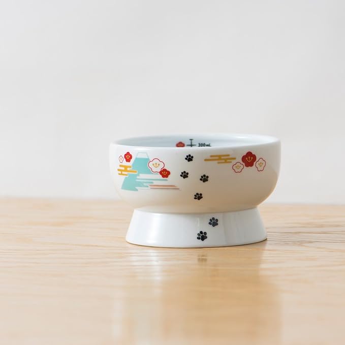 Necoichi Elevated Cat Water Bowl – Ceramic Raised Cat Bowl, Prevents Neck & Whisker Fatigue – Dishwasher & Microwave Safe – Pet Water Bowl for Cats (Fuji, Regular)