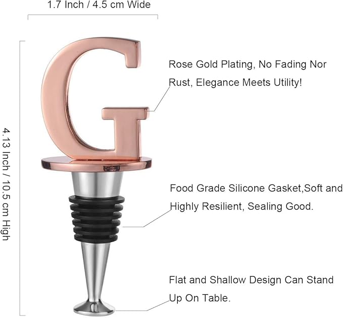 Miicol Wine Stopper, Prosecco Stopper, Wine Bottle Stopper, Personalised Champagne Stopper, Rose Gold Wine Accessories, Wine Lovers Gift, Monogram Gift, Letter G