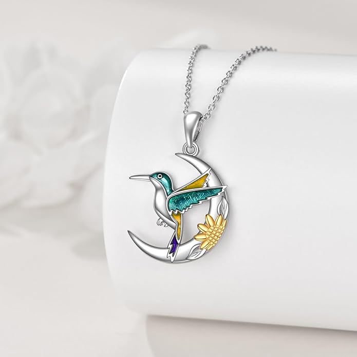 925 Sterling Silver Celtic Crescent Moon Animal Necklace for Women Fox/Black Cat/Hummingbird Crystal/Abalone Shell Pendant Jewelry Gift for Mom Daughter