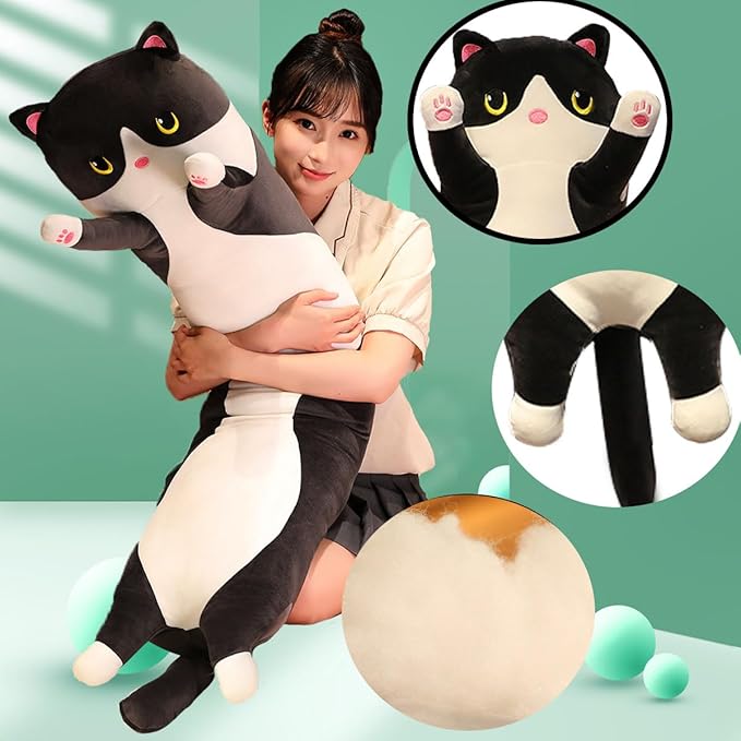 Black Cat Long Plush Pillow Kitty Stuffed Animals Soft Sleeping Throw Pillow Doll (Black,34inches)