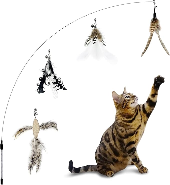 TTcat Cat Wand Toys,Interactive Bird Toy Set,35'' Flexible Steel Wire and 4Pcs Feather Refills,Teaser Toys for Indoor Cat and Kitten.