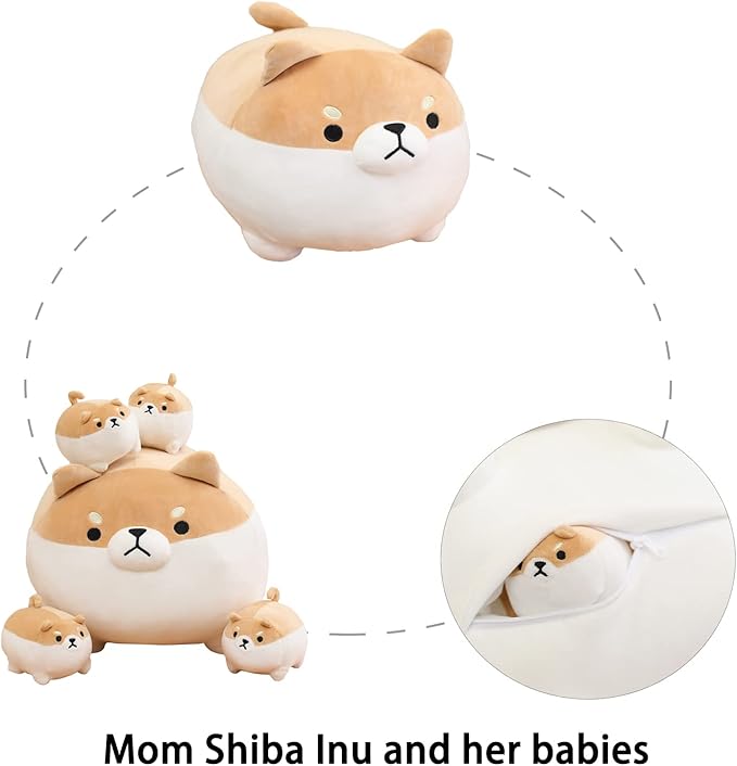 SQEQE Stuffed Animal Shiba Inu Plush Toy with 4 Baby Shiba Inu Plushies in her Tummy, Stuffed Cotton Plush Animal Toy Gift for Kids
