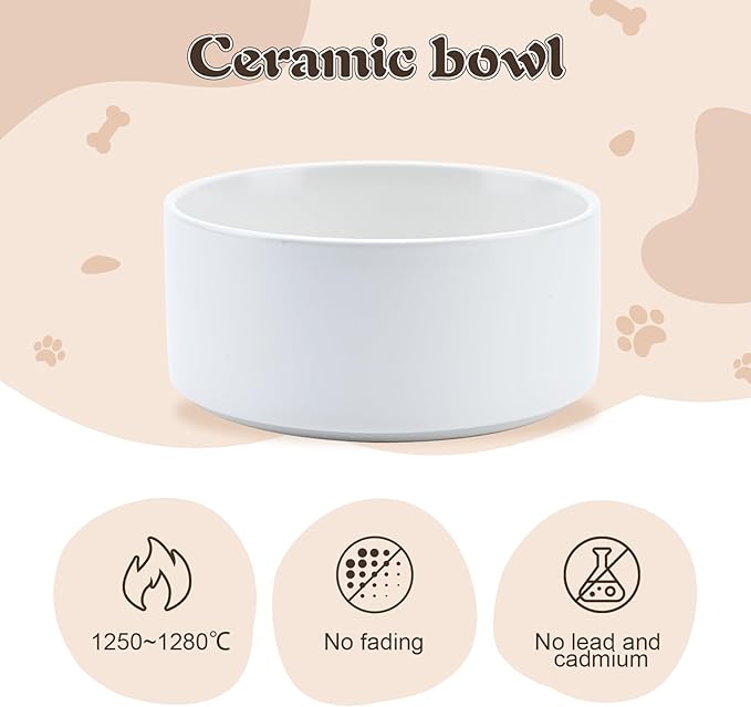 SPUNKYJUNKY Ceramic Dog Bowls with Acacia Wood Stand - Raised Dog Food and Water Bowl Set for Small Dogs (13.52 OZ, White)
