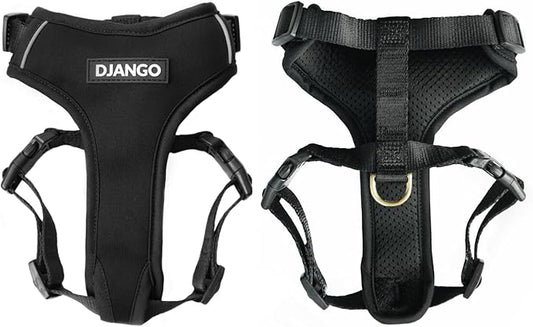 DJANGO Adventure Dog Harness - Stylish and Comfortable Medium Dog Harness for Outdoor Adventures and Everyday Wear - Black Neoprene Adjustable Harness for Dogs with Reflective Piping and Brass D-Ring