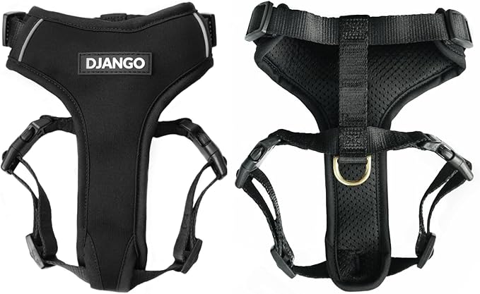 DJANGO Adventure Dog Harness - Stylish and Comfortable Large Dog Harness for Outdoor Adventures and Everyday Wear - Black Neoprene Adjustable Harness for Dogs with Reflective Piping and Brass D-Ring