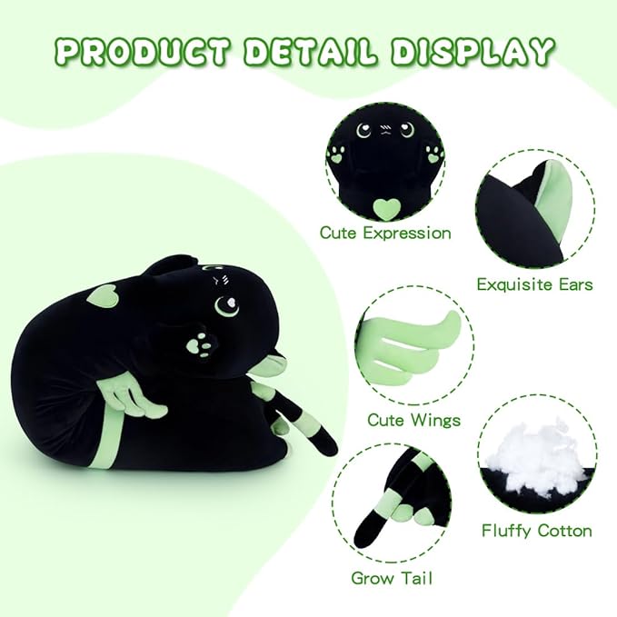 Long Cat Plush Body Pillow, Cute Cat Plush Toy Pillows with Wings, Stuffed Animals Kitten Soft Plushies Gifts for Kids Girls Girlfriend(AngelCat Green, 27.6in/70cm)