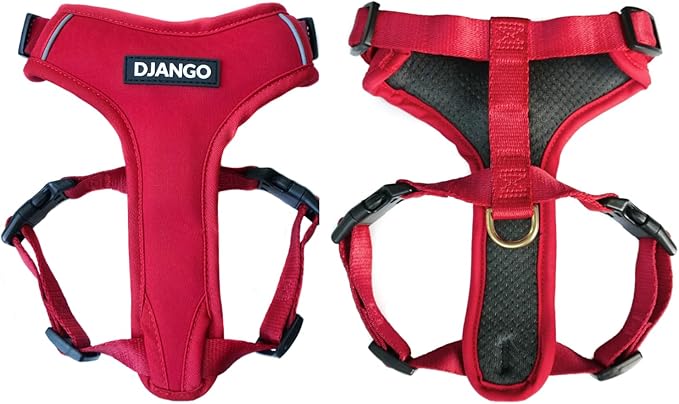 DJANGO Adventure Dog Harness - Stylish and Durable Large Dog Harness for Outdoor Adventures and Everyday Wear - Red Neoprene Adjustable Harness for Dogs with Reflective Piping, Solid Brass D-Ring