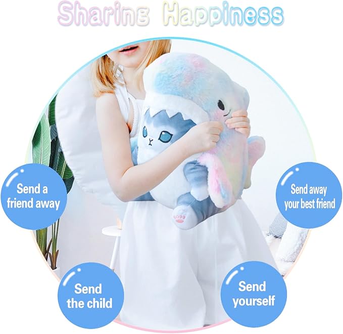 Kawaii Shark Cat Plush Toy Stuffed Animal Doll, Cute Soft Pillow Stress Release Hugs Toys Christmas Halloween Birthday Gifts for Kids Boys Girl Best Gift (Colorful - Gray,12 inch)