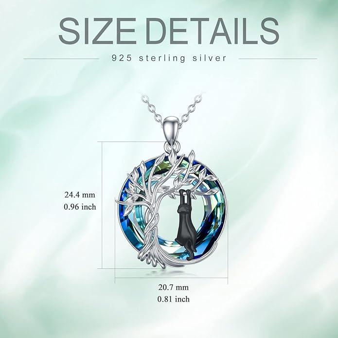 TOUPOP Cat Gifts for Cat Lovers Sterling Silver Cute Cat Tree of Life Pendant Necklace with Blue Circle Crystal Birthday Christmas Jewelry Gifts for Women