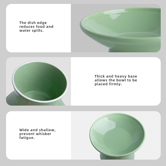 6.2 Inch Extra Wide Elevated Ceramic Cat Bowls, Food and Water Bowl Set for Elder Big Cats Small Dogs, Raised Design for Pet Easy Eating, Protect Cat's Spine Set of 2(Light Green)