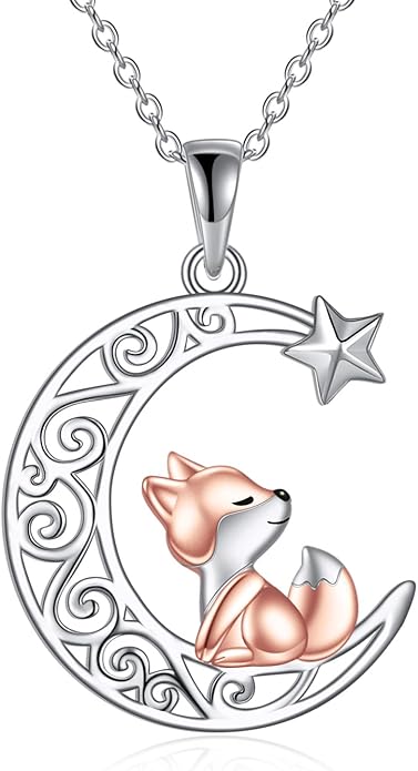 925 Sterling Silver Celtic Crescent Moon Animal Necklace for Women Fox/Black Cat/Hummingbird Crystal/Abalone Shell Pendant Jewelry Gift for Mom Daughter