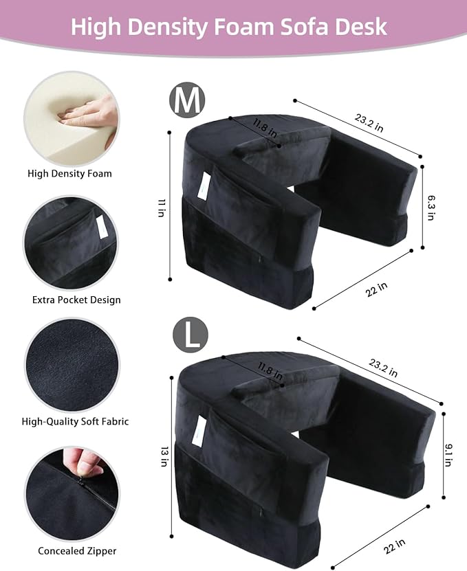 Weighted Idea Reading Pillow for Gaming, Meduim Gaming Pillow for Adult，Table Pillow with 2 Side Pockets for Gaming, Reading, Working Sitting in Bed Floor Sofa (Black)