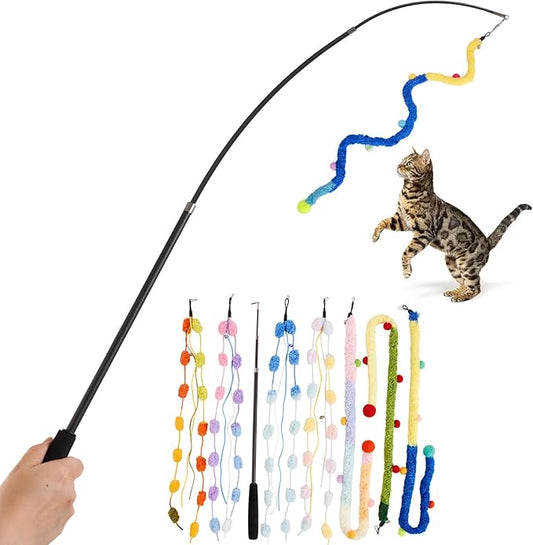 Cat Wand Toy, 8Pcs Retractable Plush Srtip Cat Teaser Wand Toys with Bell & String, Long Interactive Wand Toys for Indoor Kitten, Exercise