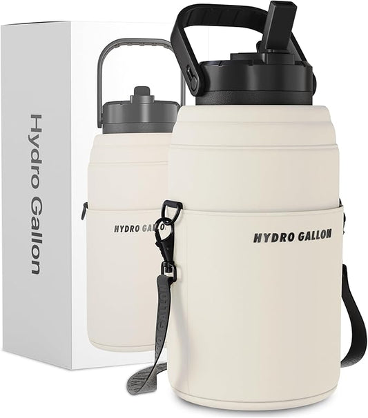 Hydro Gallon® Nomad - Insulated 64oz Half Gallon Water Bottle Jug with Sleeve, Straw Lid, Handle, Strap, Pockets. Large Stainless Steel Metal Gym Thermos. Wide mouth, Leakproof, BPA free. 62oz (Beige)