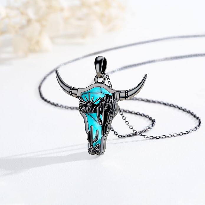 Midir&Etain Western Necklace 925 Sterling Silver Turquoise Pendant Cow Skull/Hat/Tag/Cactus Cowgirl Country Jewelry for Women Men