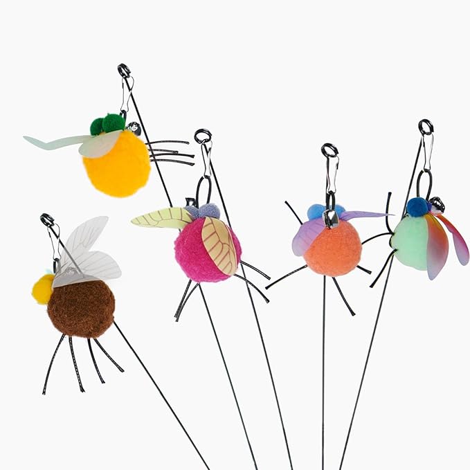 Cat Wand Attachment Toys, 5 PCS Fly Bugs Refills with Bells for Cat Teaser, Chase and Exercise Toys for Indoor Cats and Kittens Enrichment (No Wand Toy)
