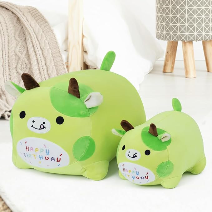 Birthday Cow Plush Pillow Stuffed Animal Toy, Green Birthday Cartton Cow Plush Stuffed Animals, Soft Animal Plush Pillow for Kids(Cow, 40cm/15.7inch)